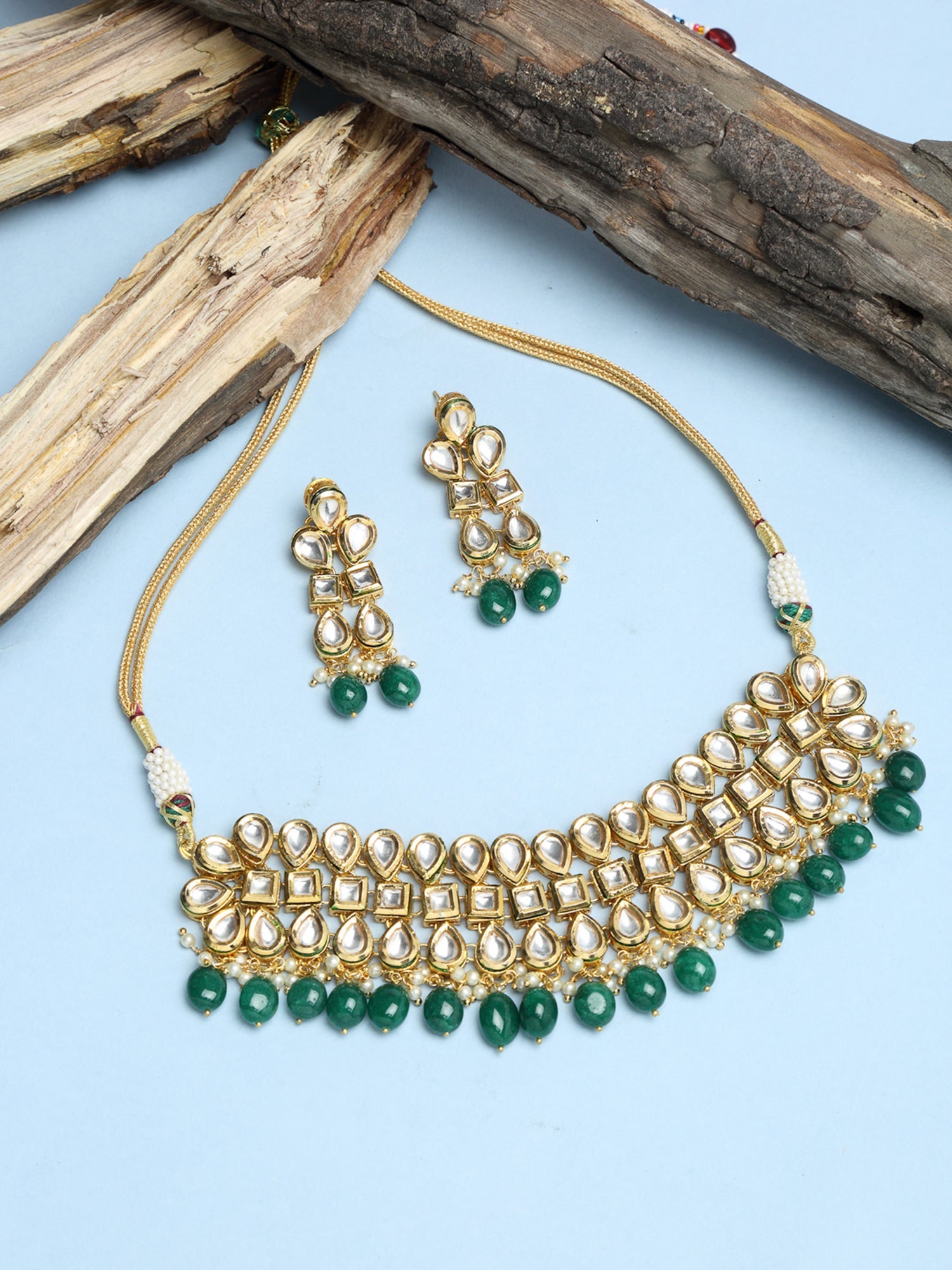 Stone Kundan Choker With Earrings - Ruby Raang | Swadesiicart