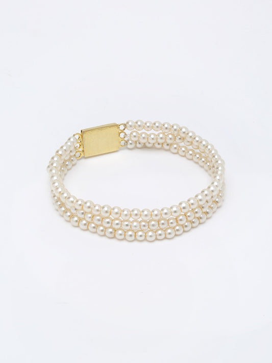 Women's Gold-Toned White Pearls Gold-Polished Multi-Strand Bracelet - Ruby Raang - Swadesiicart