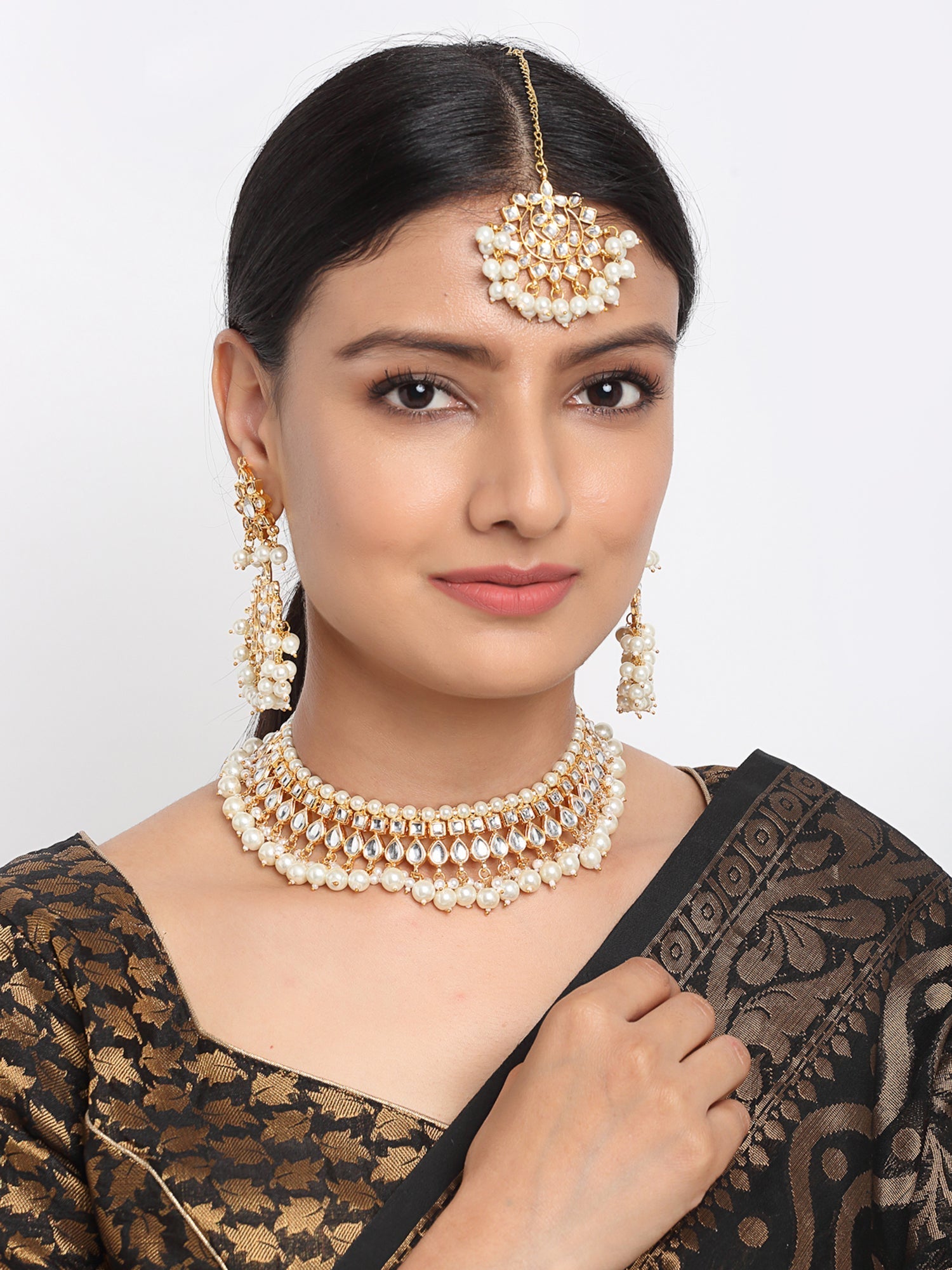 Gold-Polished Kundan Choker With Earrings & Maang Tika - Ruby Raang | Swadesiicart