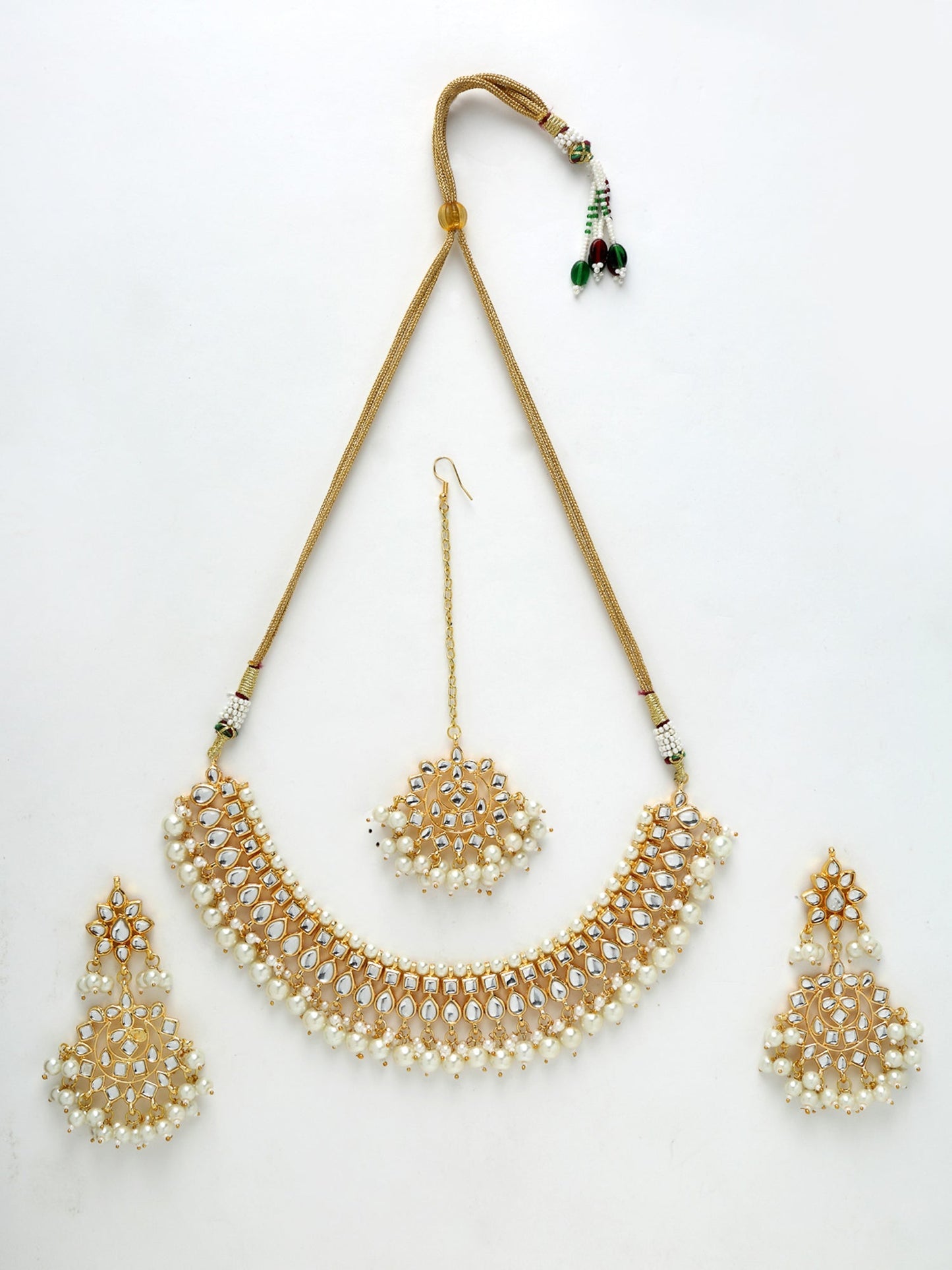 Gold-Polished Kundan Choker With Earrings & Maang Tika - Ruby Raang | Swadesiicart