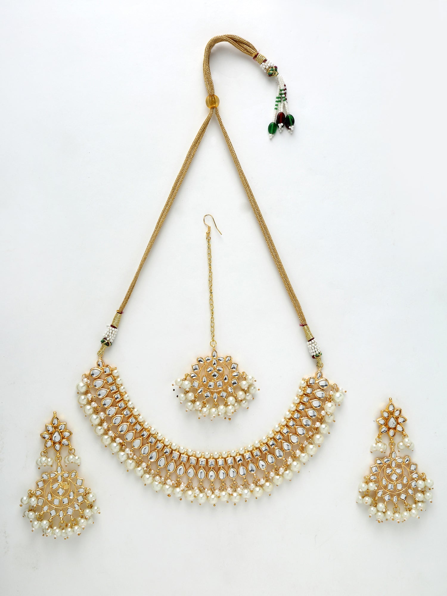 Gold-Polished Kundan Choker With Earrings & Maang Tika - Ruby Raang | Swadesiicart