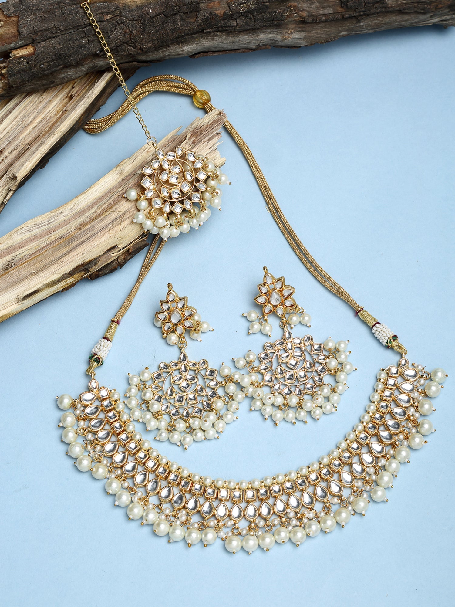 Gold-Polished Kundan Choker With Earrings & Maang Tika - Ruby Raang | Swadesiicart