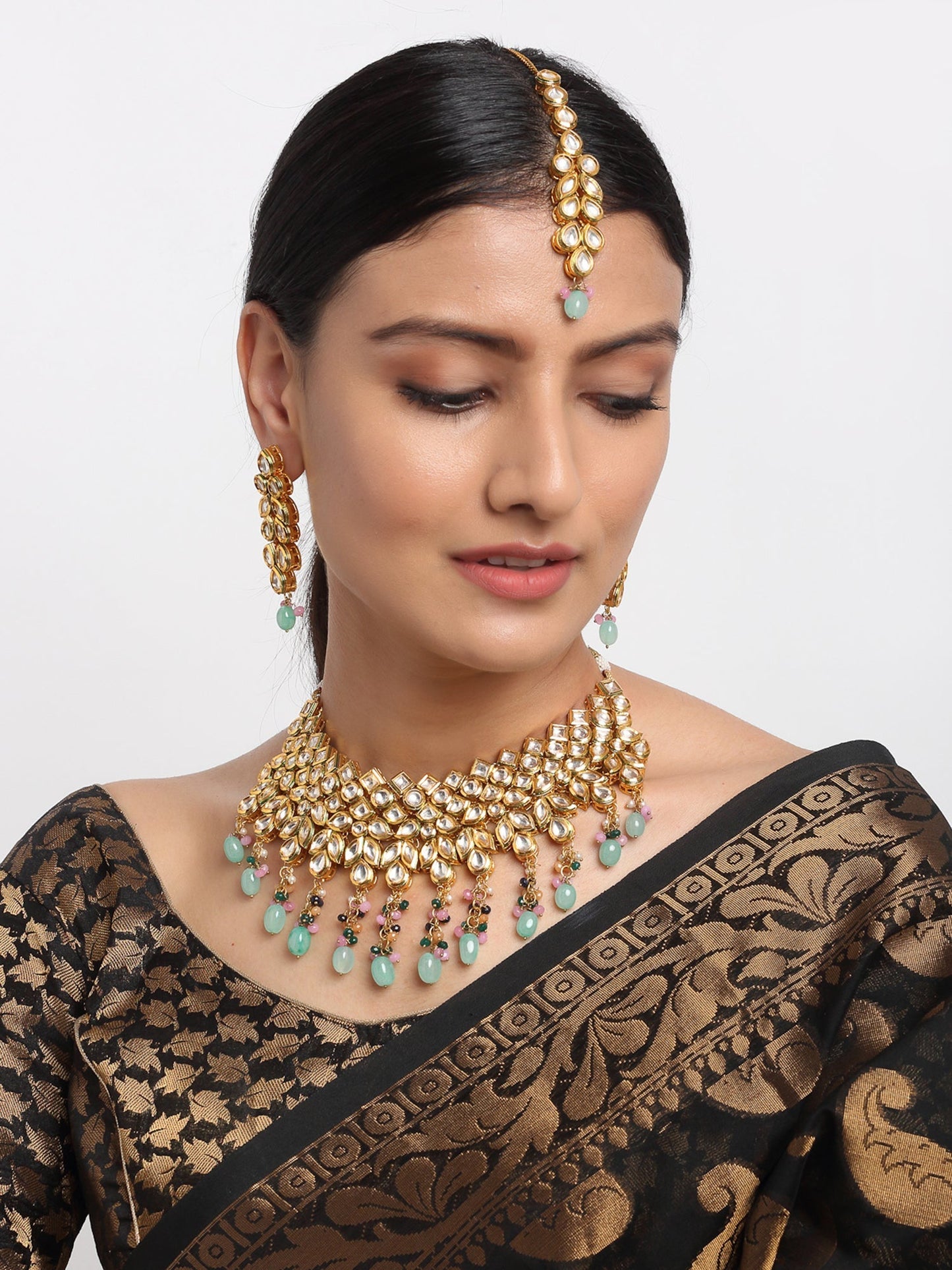 Kundan Neckpiece With Earrings And Maang Tikka - Ruby Raang - Ruby Raang Studio