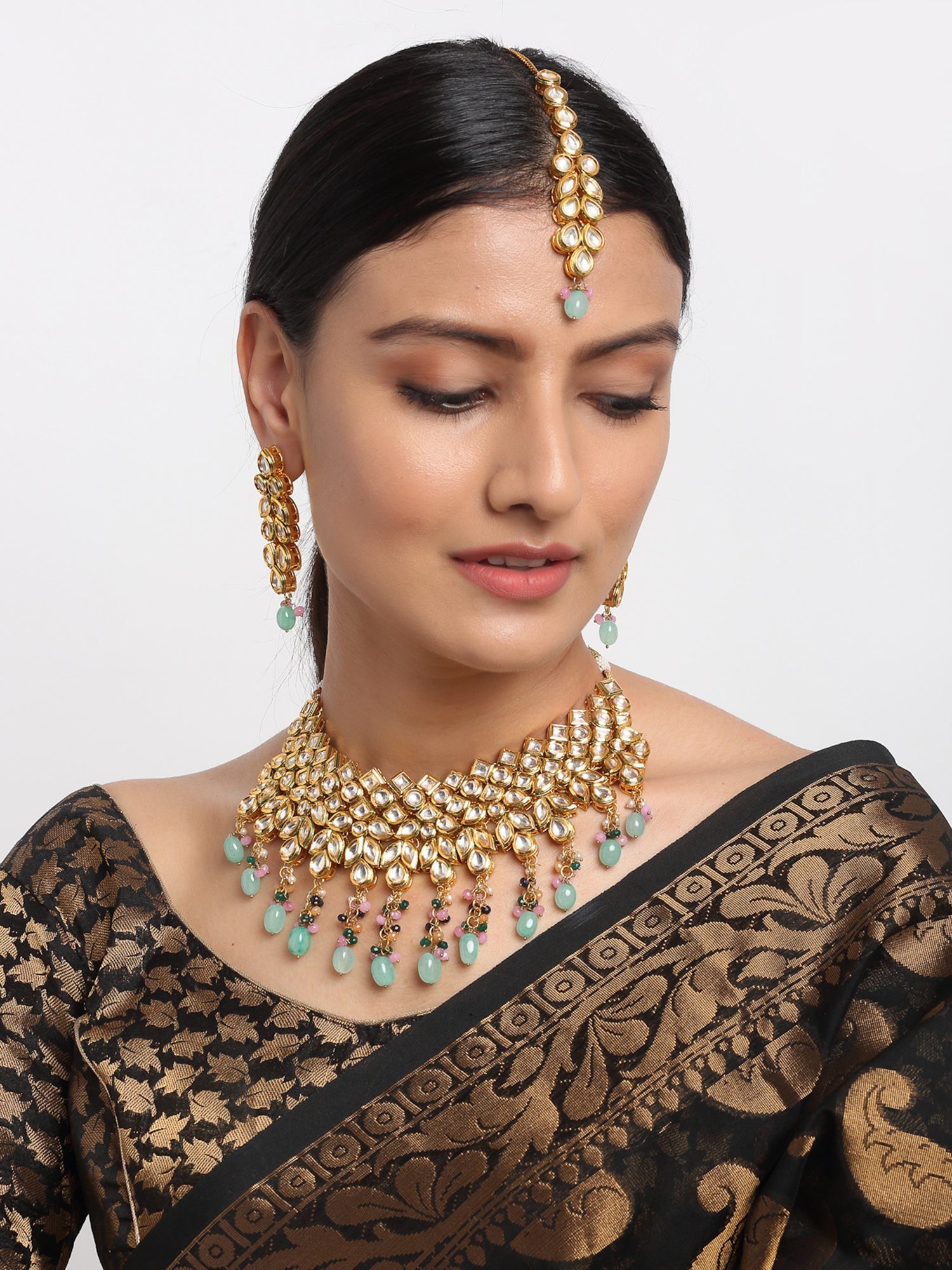 Kundan Neckpiece With Earrings And Maang Tikka - Ruby Raang - Ruby Raang Studio