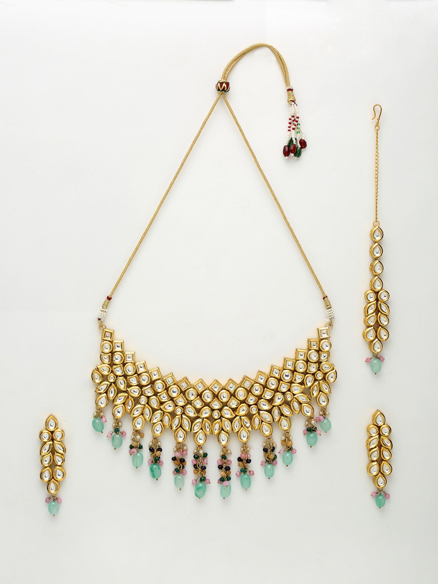 Kundan Neckpiece With Earrings And Maang Tikka - Ruby Raang - Swadesiicart