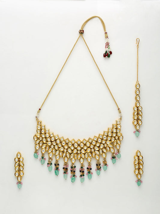 Kundan Neckpiece With Earrings And Maang Tikka - Ruby Raang - Swadesiicart