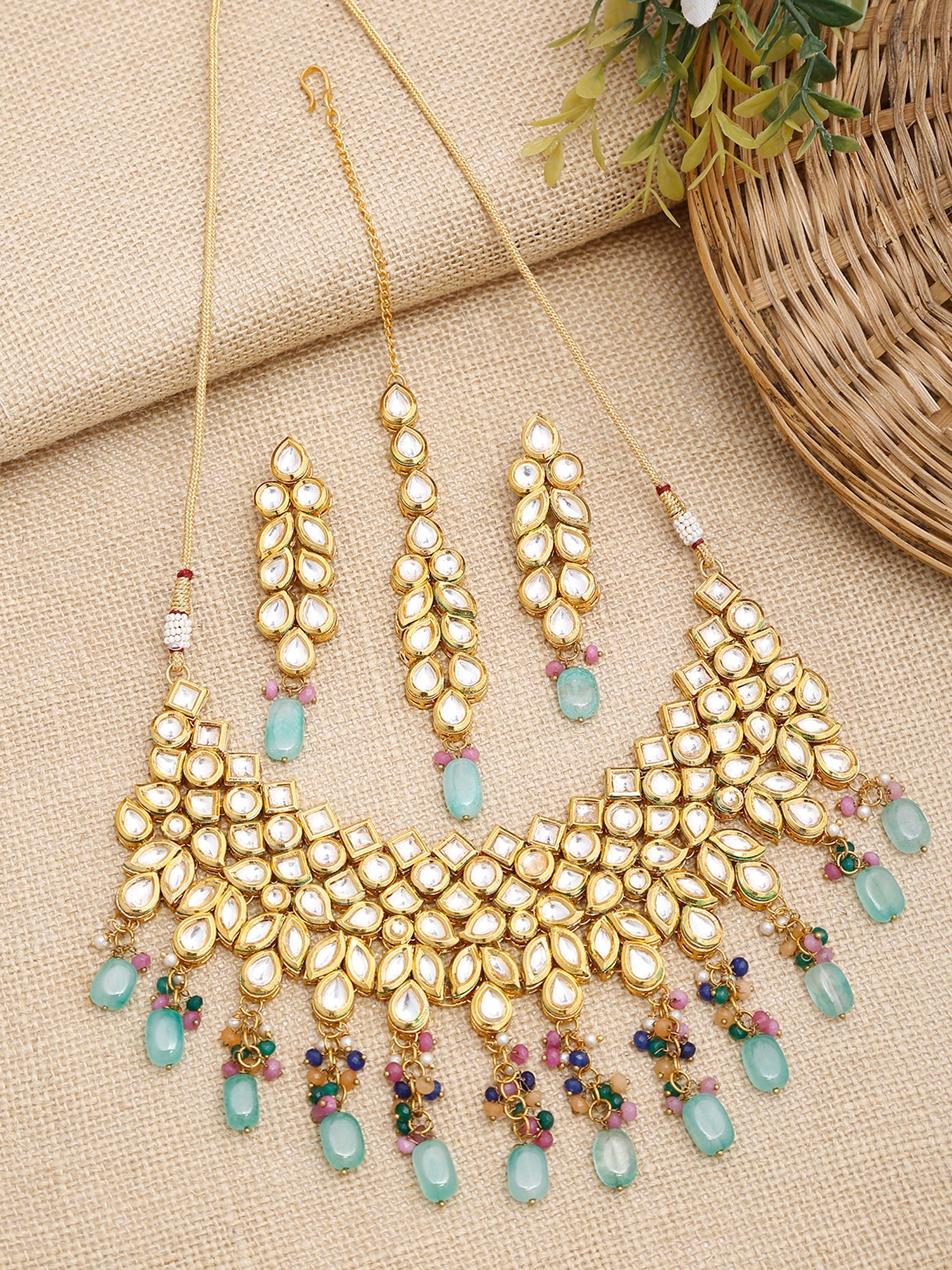 Kundan Neckpiece With Earrings And Maang Tikka - Ruby Raang - Swadesiicart