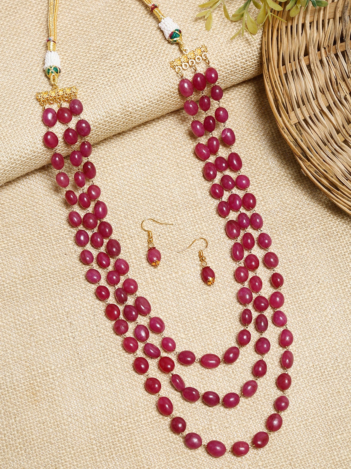 Layered Maroon Neckpiece With Earrings - Ruby Raang - Swadesiicart