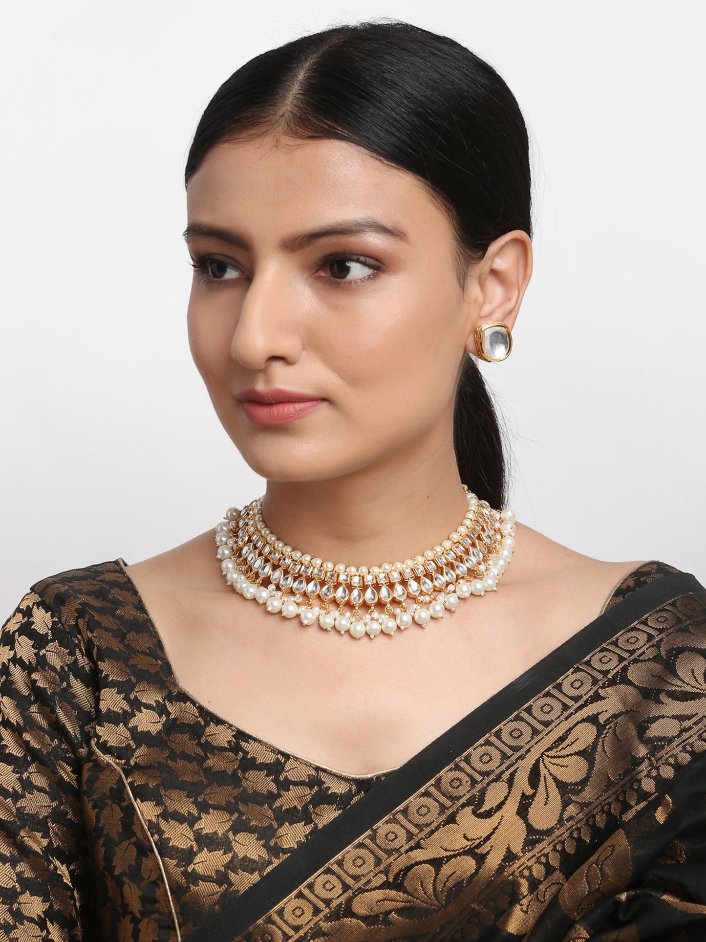Kundan Choker With Pearls & Studs - Ruby Raang | Swadesiicart