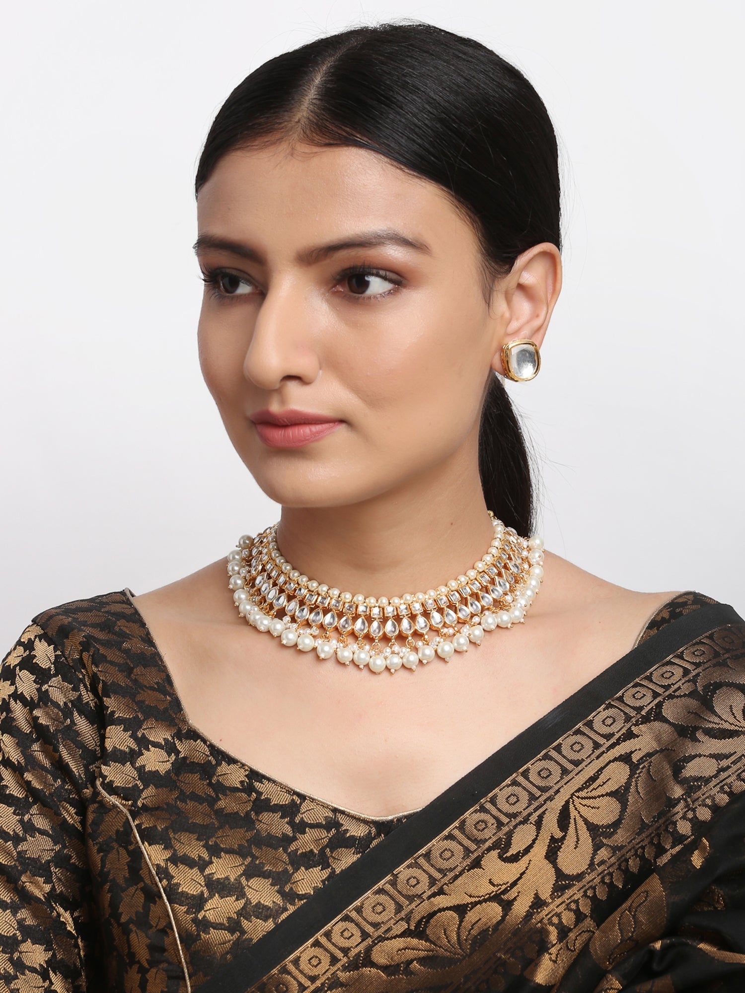 Kundan Choker With Pearls & Studs - Ruby Raang | Swadesiicart