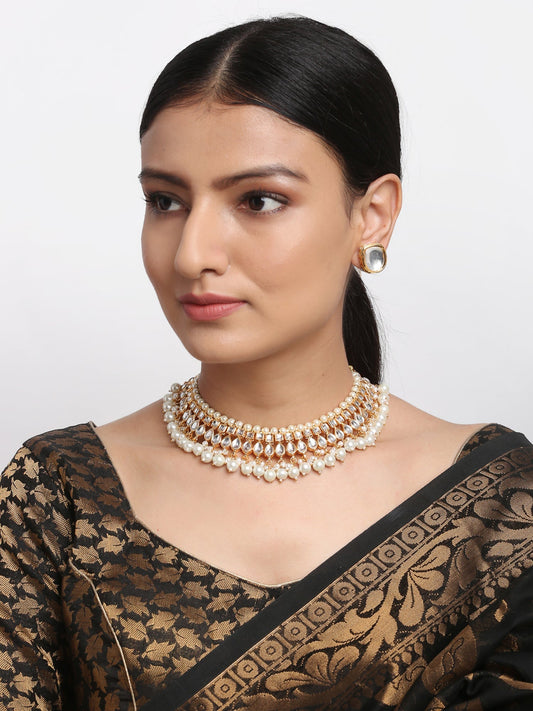 Kundan Choker With Pearls & Studs - Ruby Raang | Swadesiicart