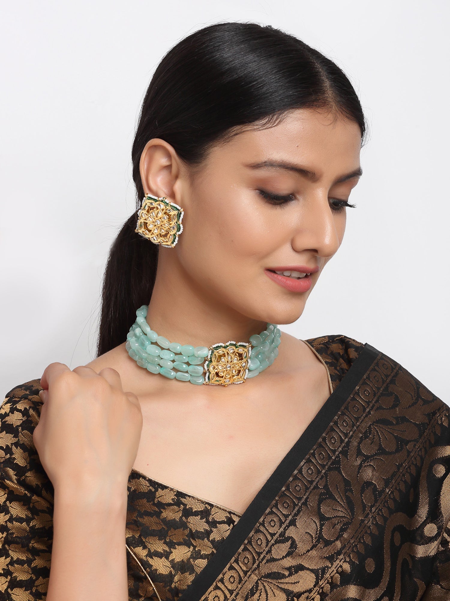 Stone Kundan Choker With Studs - Ruby Raang | Swadesiicart