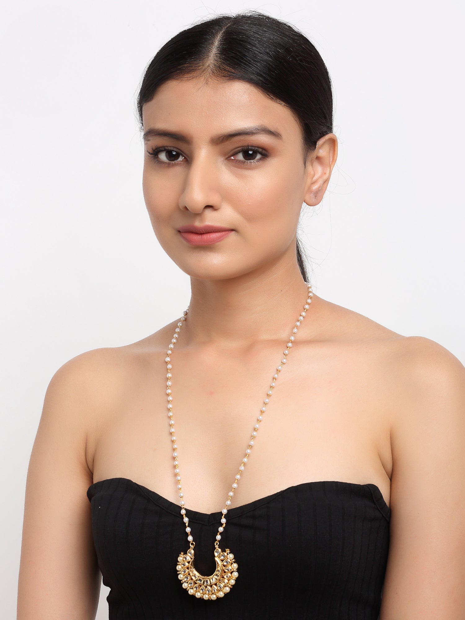 Long Kundan Pearl Neckpiece - Ruby Raang | Swadesiicart