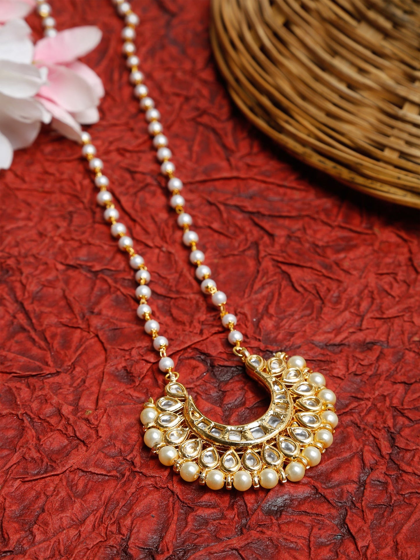 Long Kundan Pearl Neckpiece - Ruby Raang | Swadesiicart