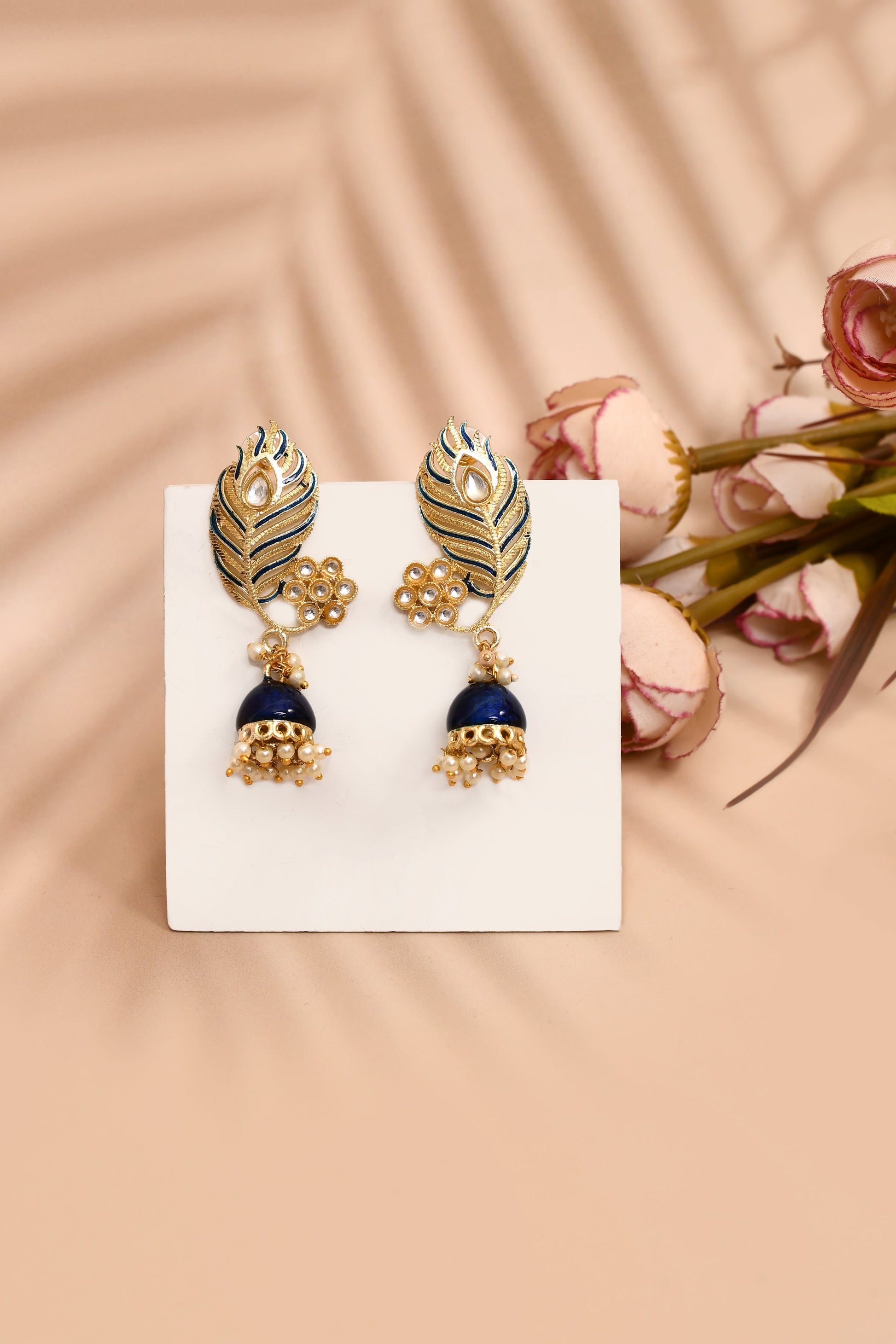 Peacock Feather Pattern Blue Jhumki Drop Earrings for Womens by House of Ree | Swadesiicart