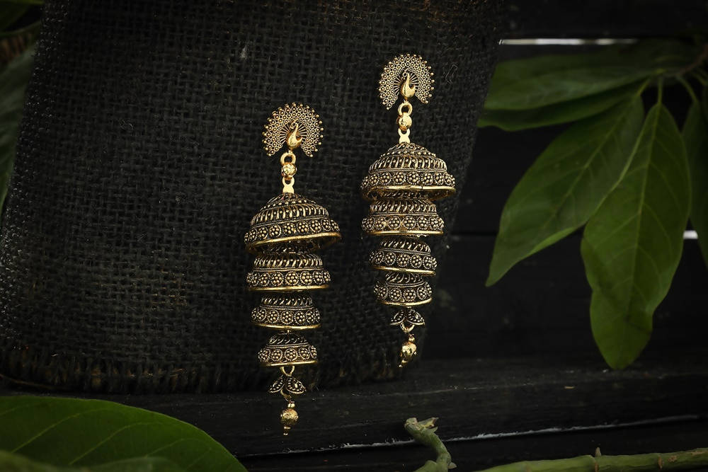 Mominos Fashion Johar Kamal Peacock Design Golden Colour Earrings - Swadesiicart