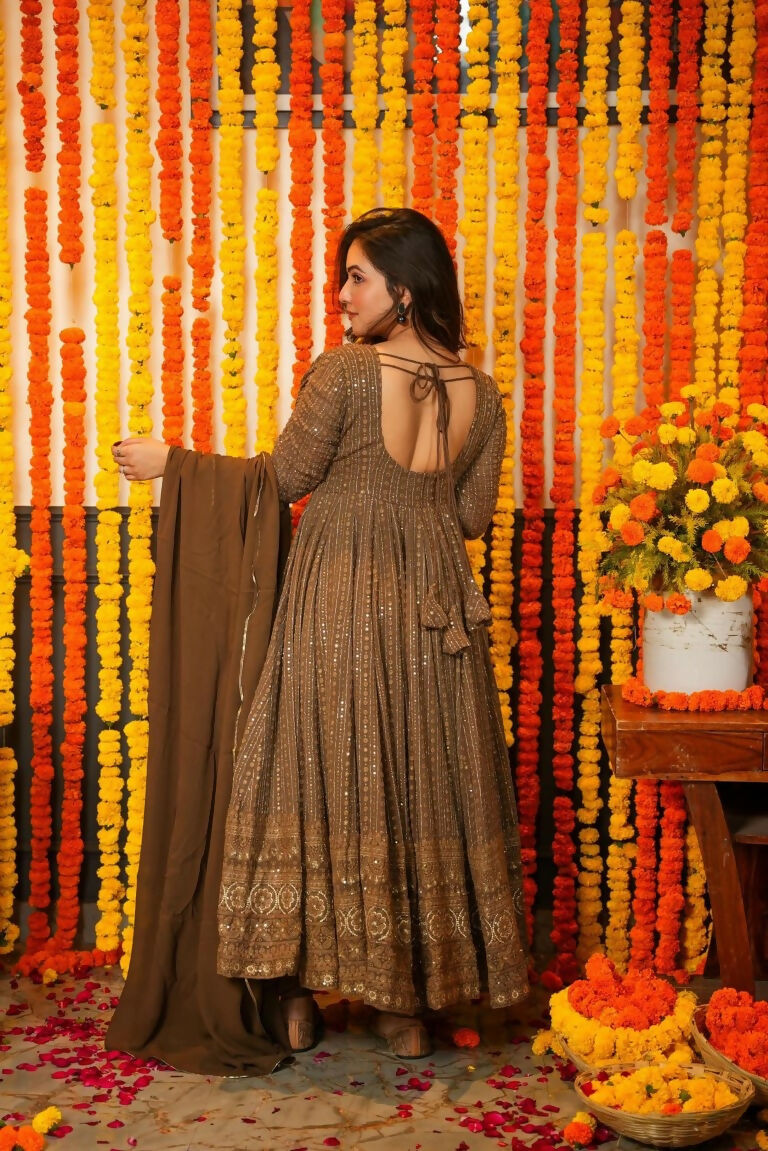 Jyoti Fashion Women's Brown Faux Georgette Zari Embroidery with Sequence Anarkali Dress with Dupatta | Swadesiicart