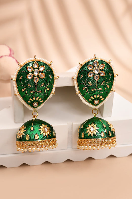Dark Green Jhumka Earrings for Womens for Ethnic Party by House of Ree | Swadesiicart