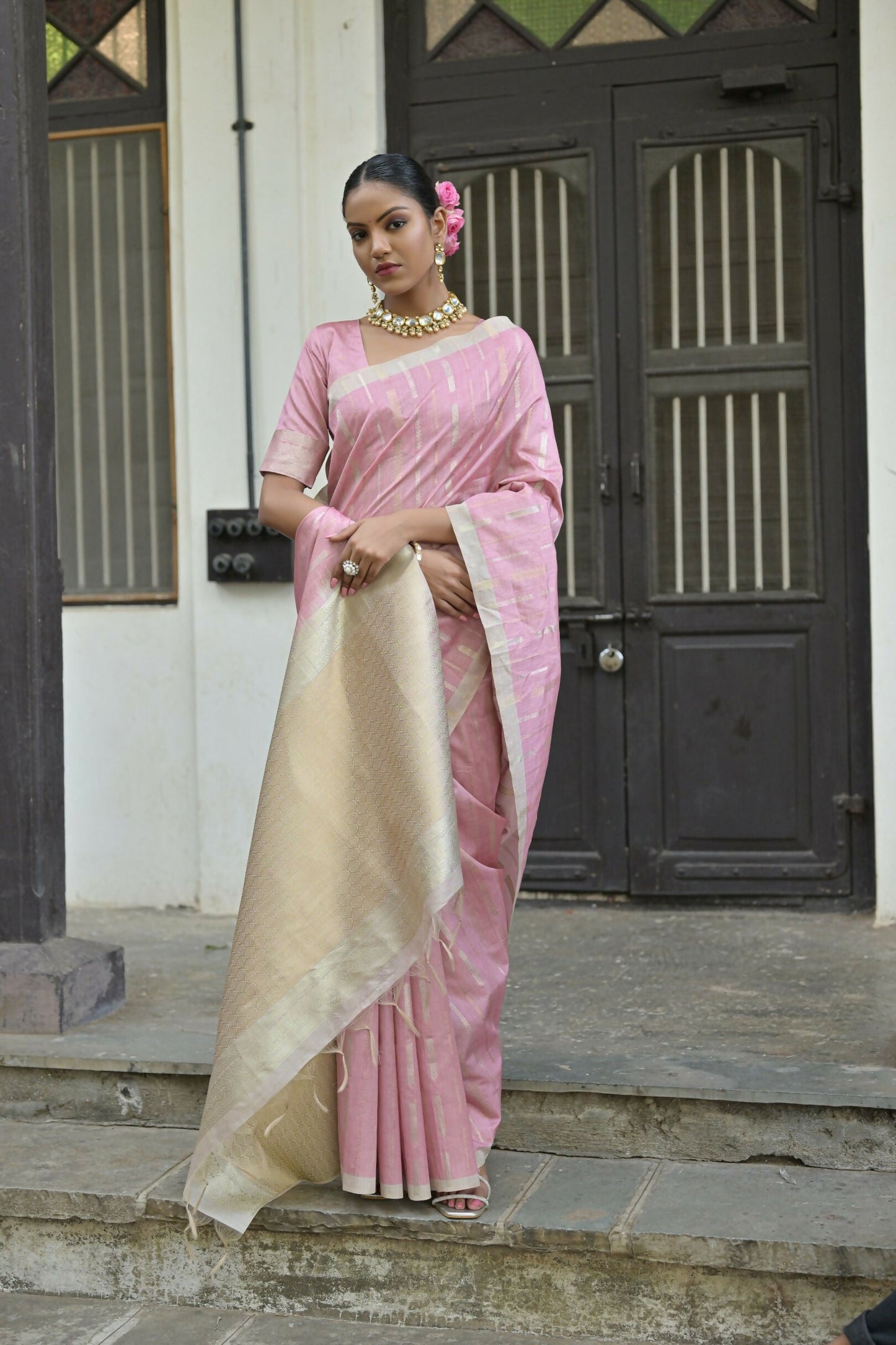 Vishnu Weaves Women's Pink Premium Tussar Silk Saree with Blouse - Swadesiicart