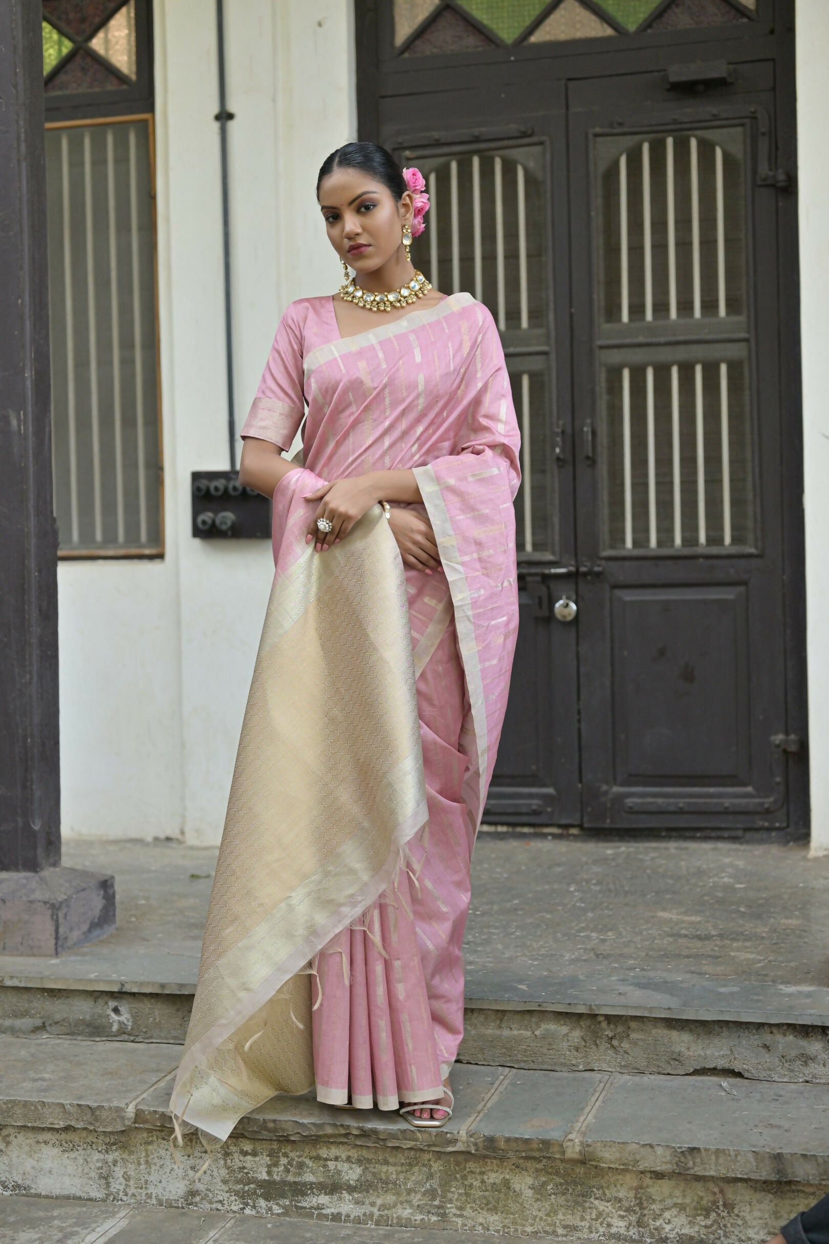 Vishnu Weaves Women's Pink Premium Tussar Silk Saree with Blouse - Swadesiicart