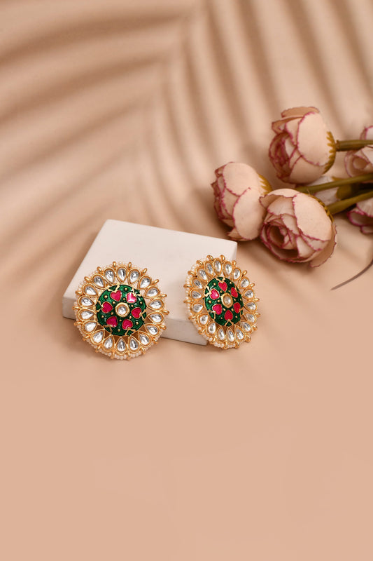 Peacock Green and Pink Stud Earring Tops for Womens by House of Ree | Swadesiicart