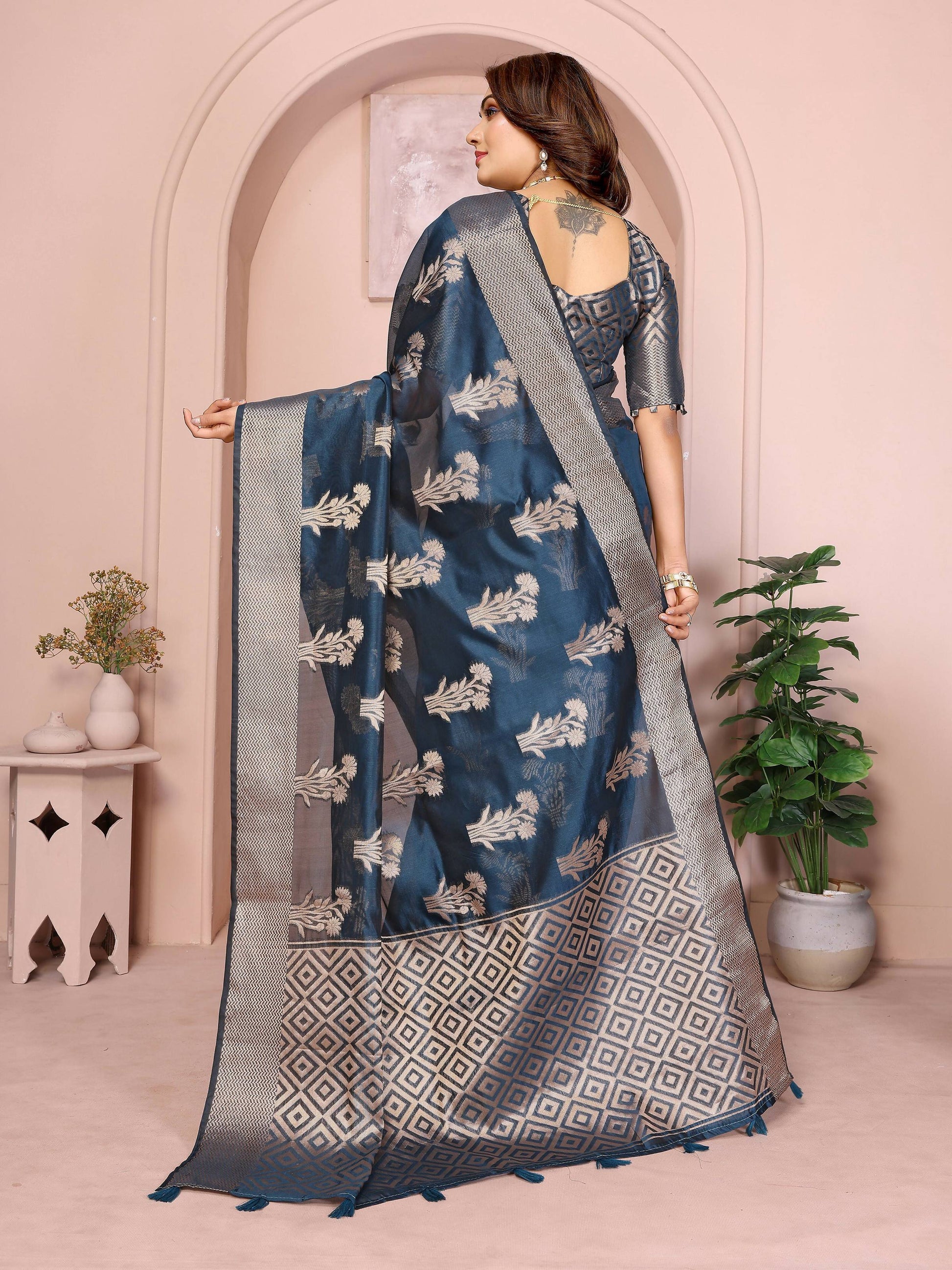 Aastha Fashion Teal Soft Organza Silk Weaving Saree