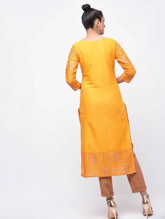 Aniyah Cotton Block Printed Yellow Straight Kurta (AN-137K) - Swadesiicart