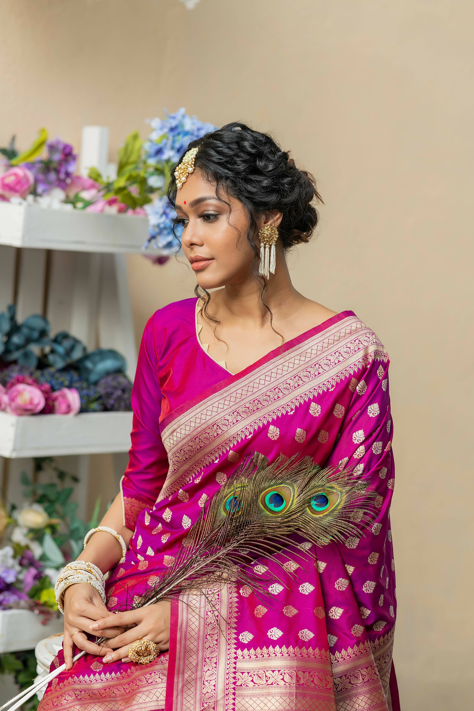 Vishnu Weaves Women's Wine Banarasi Silk Zari Woven Saree with Unstitched Blouse - Swadesiicart