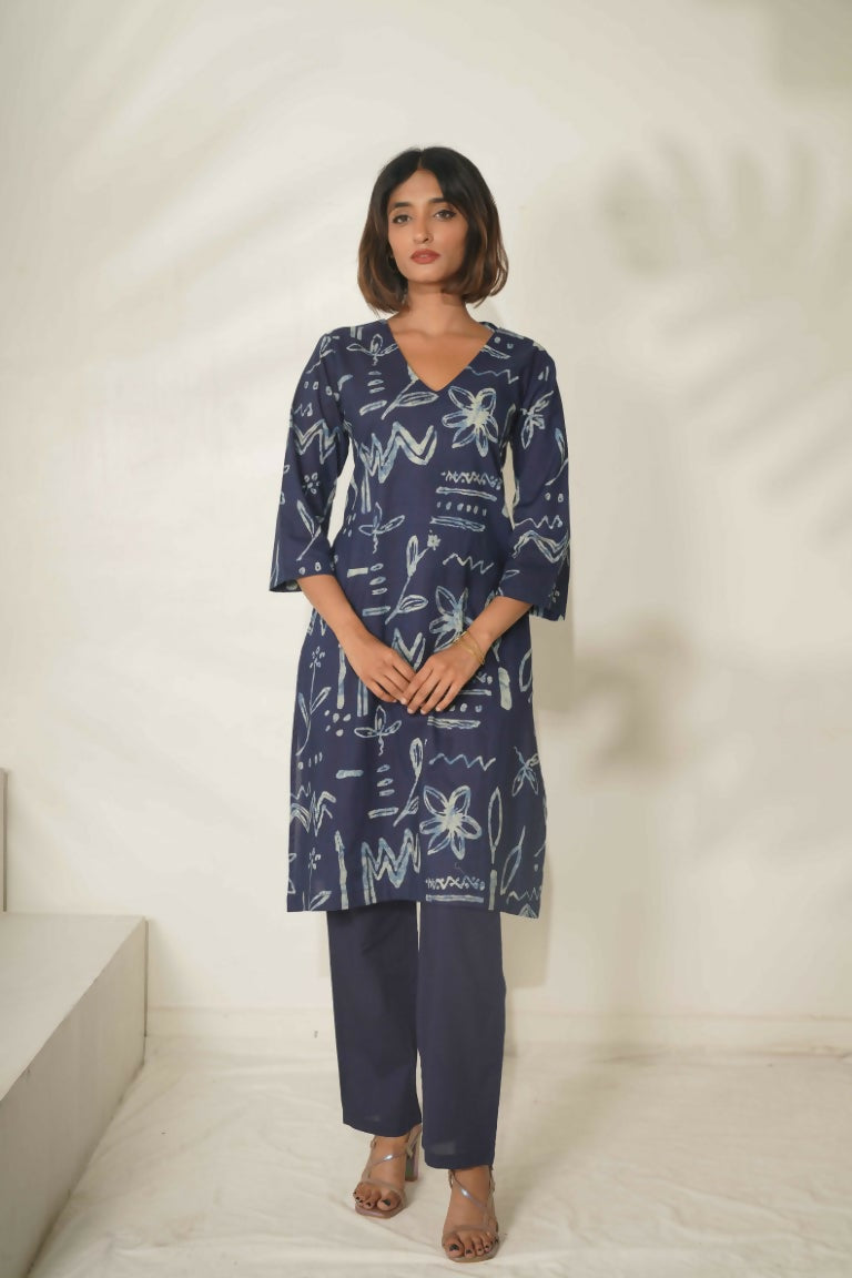 Miravan Women's Abstract Printed Cotton Blue Co-Ord Set - Swadesiicart