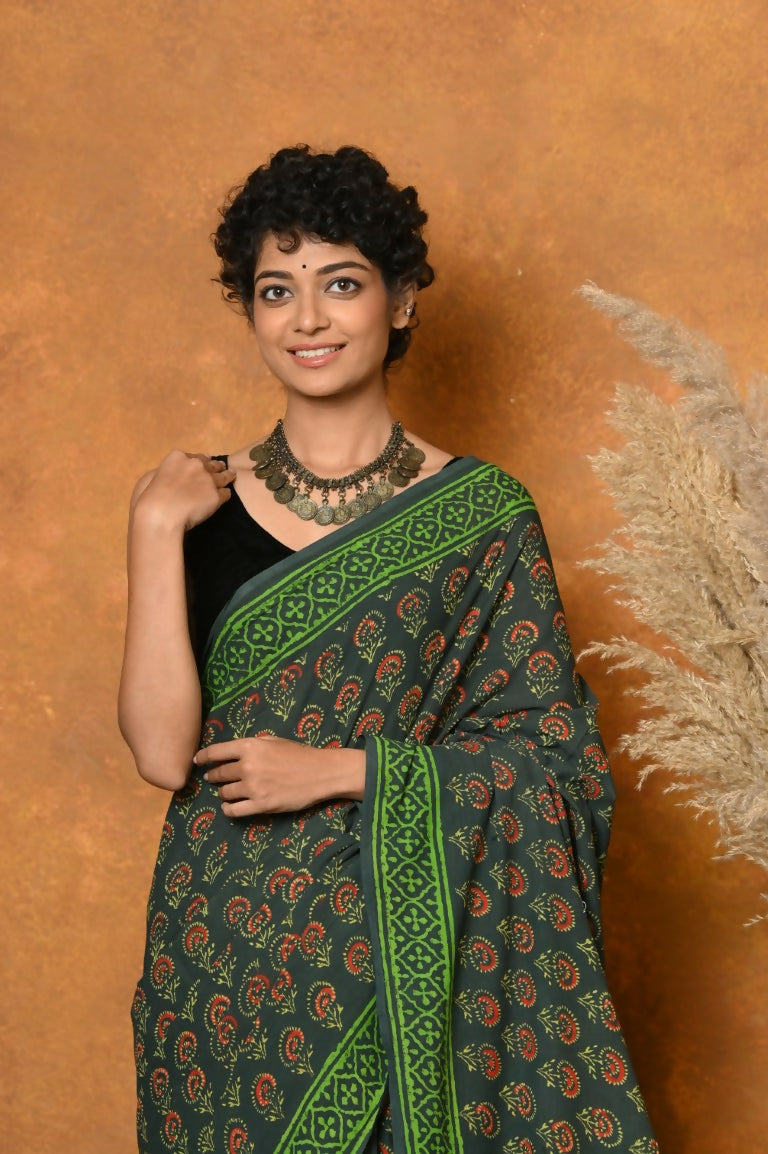 Very Much Indian Handblock Printed Cotton Saree With Natural Dyes - Green | Swadesiicart