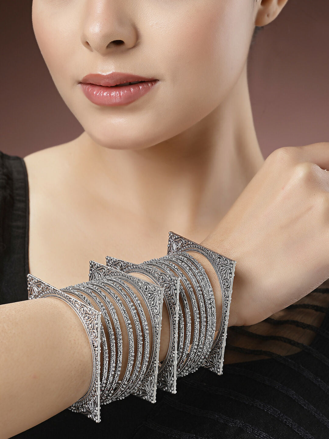NVR Women's Set of 8 Silver-Toned German Silver Oxidised Bangles - Swadesiicart