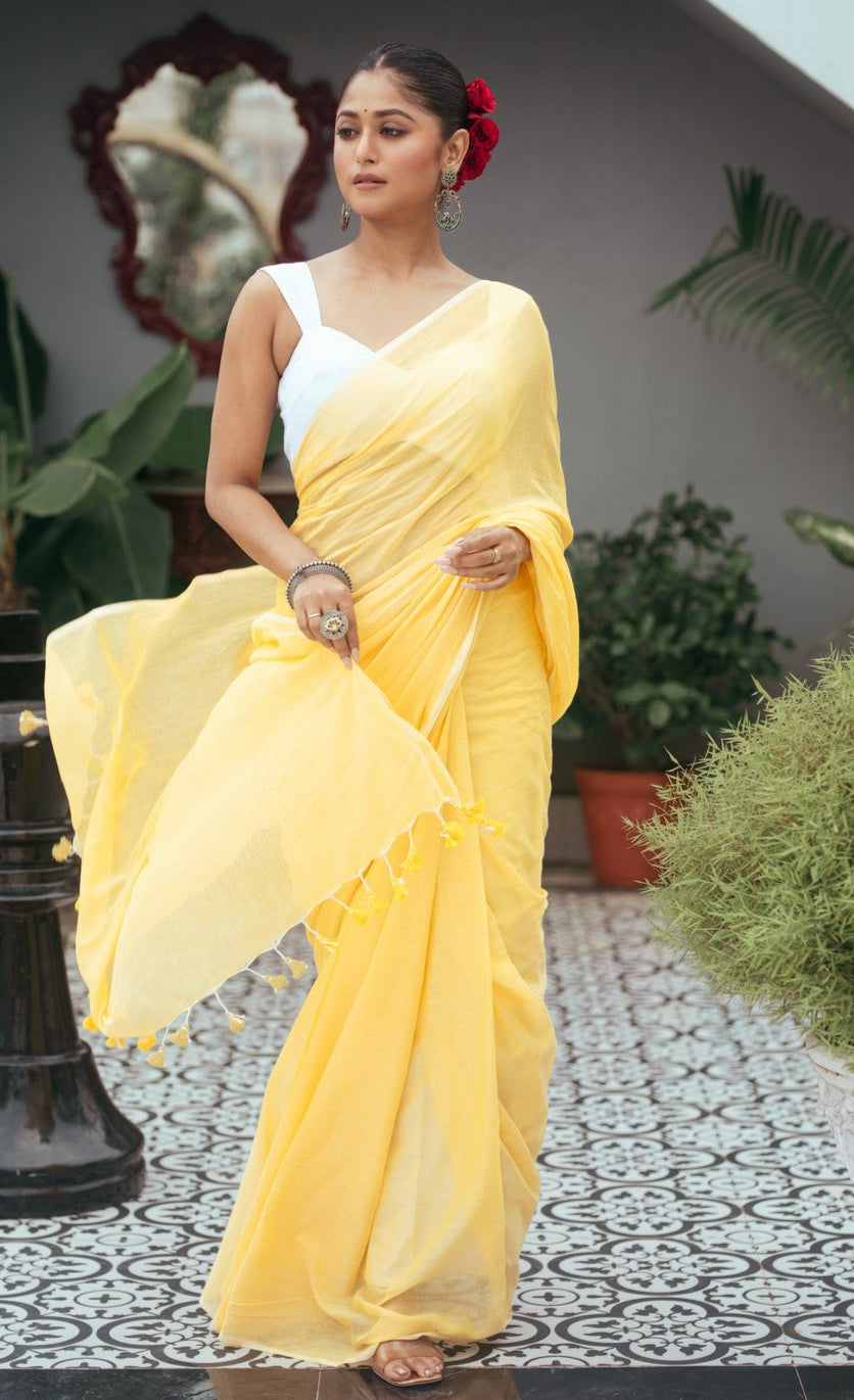 Very Much Indian Mastaani - Pure Mul Cotton Handloom Saree - Fresh Yellow | Swadesiicart