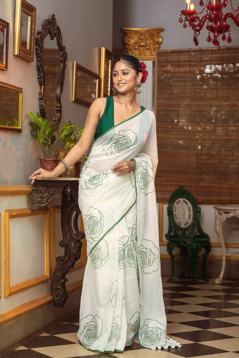 Very Much Indian Mastaani - Pure Mul Cotton Handloom Saree with Beautiful Rose Prints - Green | Swadesiicart
