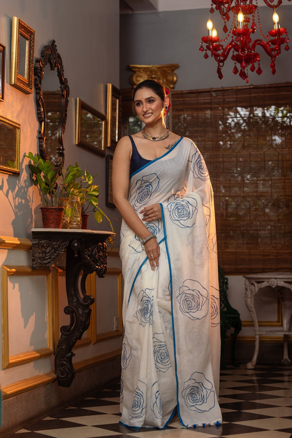 Very Much Indian Mastaani - Pure Mul Cotton Handloom Saree with Beautiful Rose Prints - Blue | Swadesiicart
