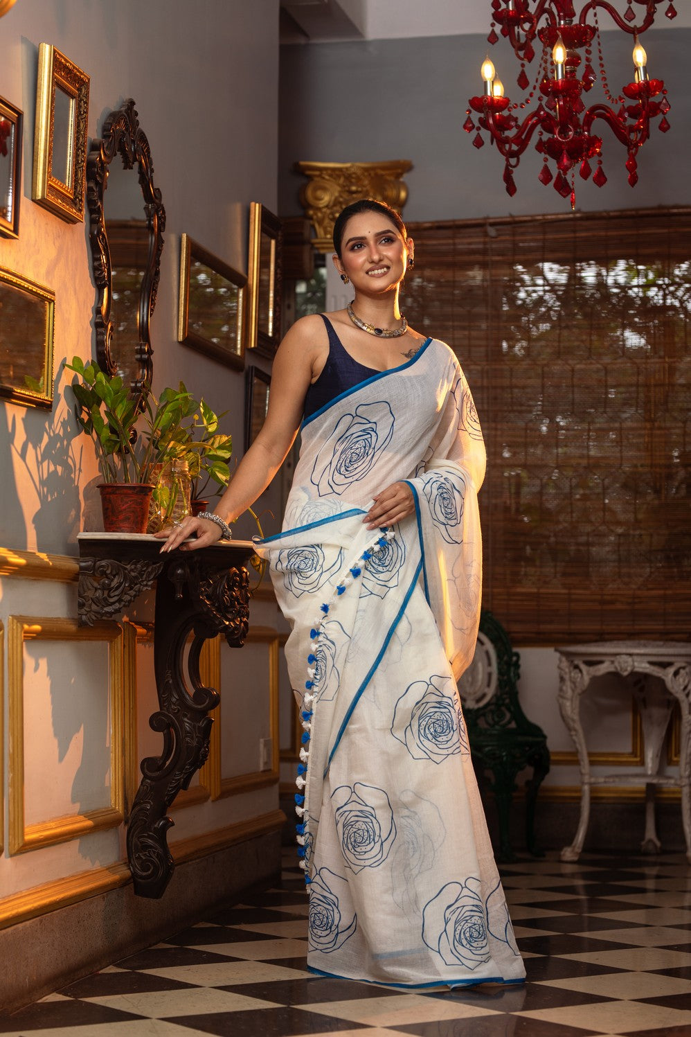 Very Much Indian Mastaani - Pure Mul Cotton Handloom Saree with Beautiful Rose Prints - Blue | Swadesiicart