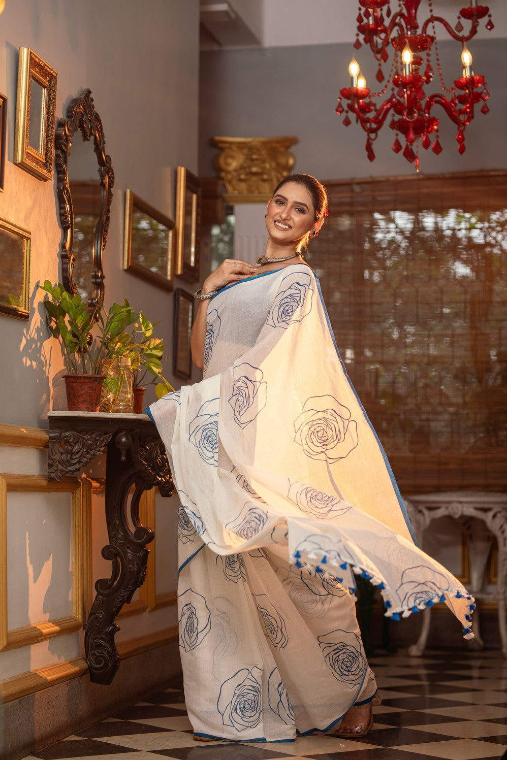 Very Much Indian Mastaani - Pure Mul Cotton Handloom Saree with Beautiful Rose Prints - Blue | Swadesiicart