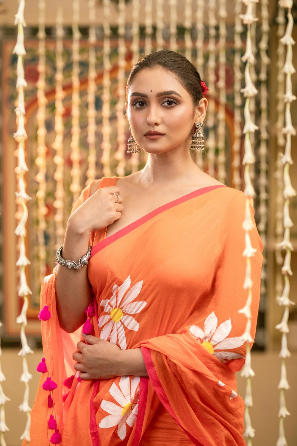 Very Much Indian Mastaani - Pure Mul Cotton Handloom Saree with Beautiful Floral Handpaint - Orange | Swadesiicart