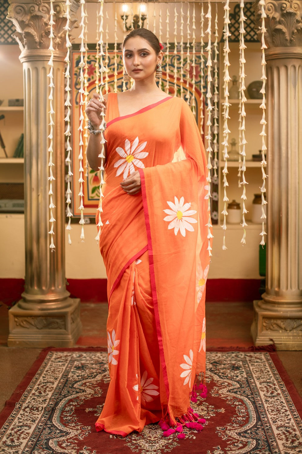 Very Much Indian Mastaani - Pure Mul Cotton Handloom Saree with Beautiful Floral Handpaint - Orange | Swadesiicart