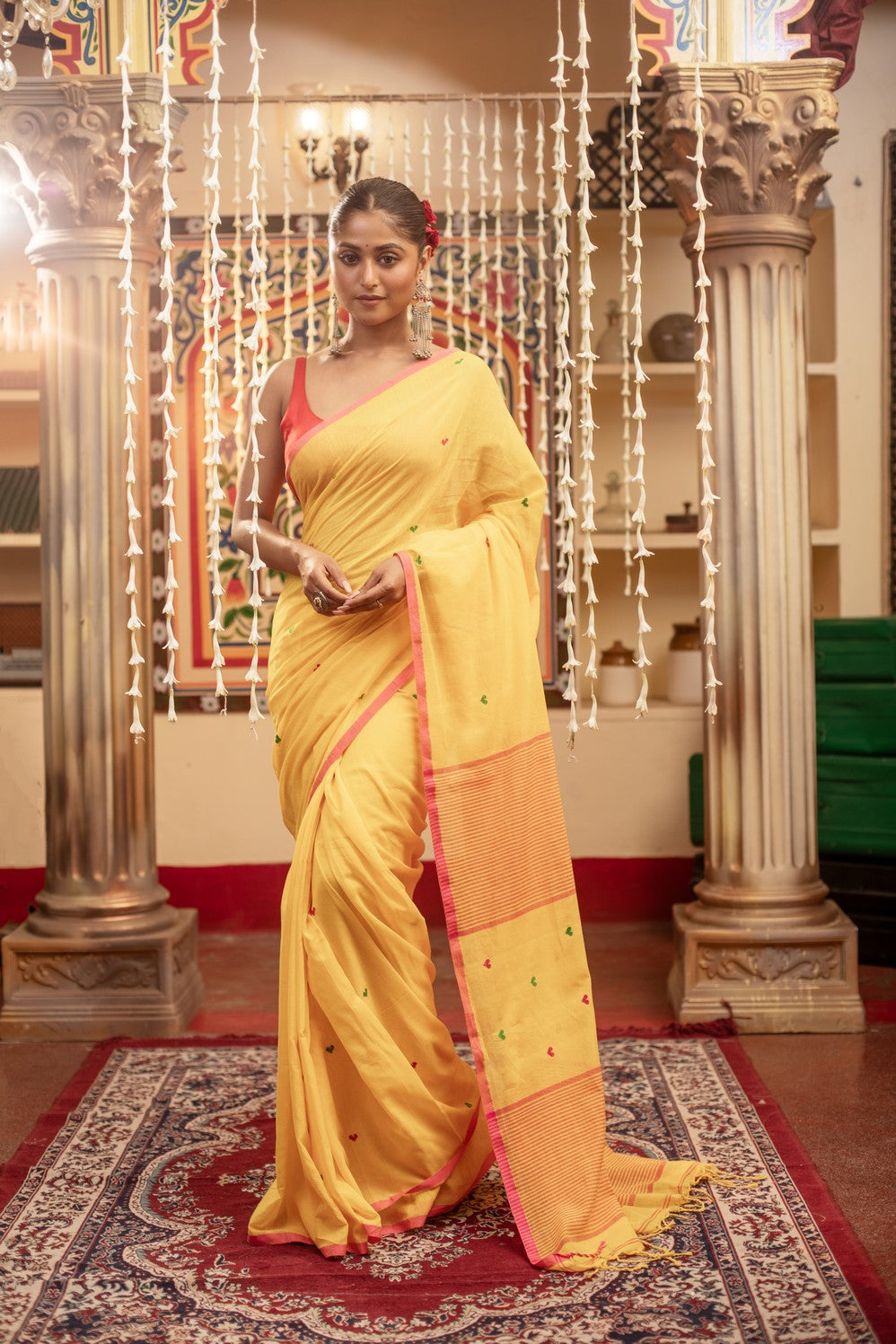 Very Much Indian Mastaani - Pure Mul Jamdhani Cotton Handloom Saree with Beautiful Heart Weaves - Yellow | Swadesiicart
