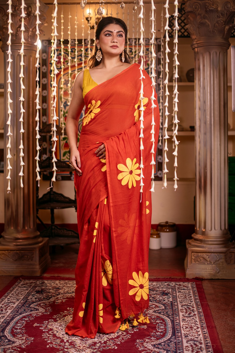 Very Much Indian Mastaani - Pure Mul Cotton Handloom Saree with Beautiful Floral Handpaint - Red | Swadesiicart