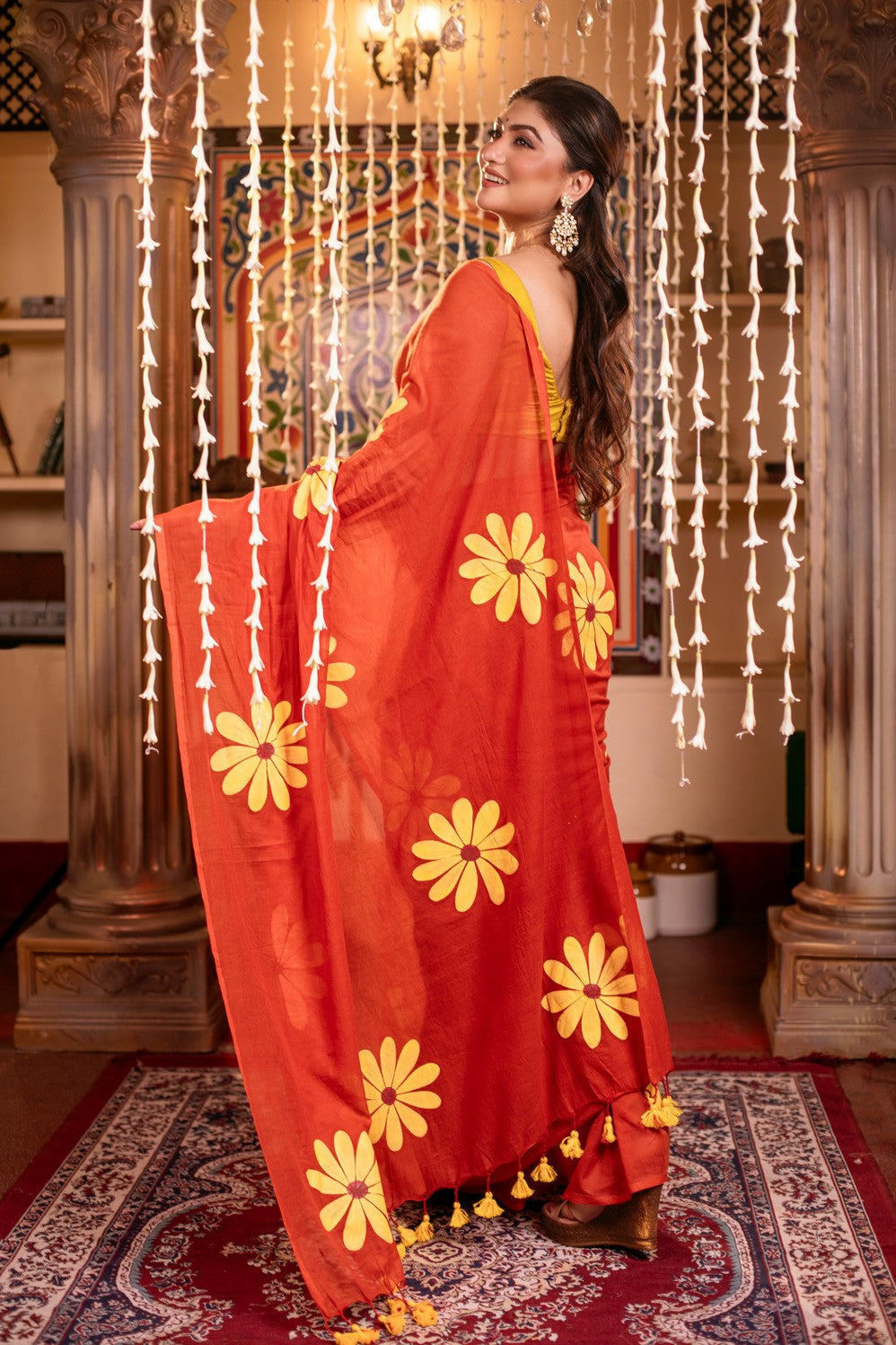 Very Much Indian Mastaani - Pure Mul Cotton Handloom Saree with Beautiful Floral Handpaint - Red | Swadesiicart