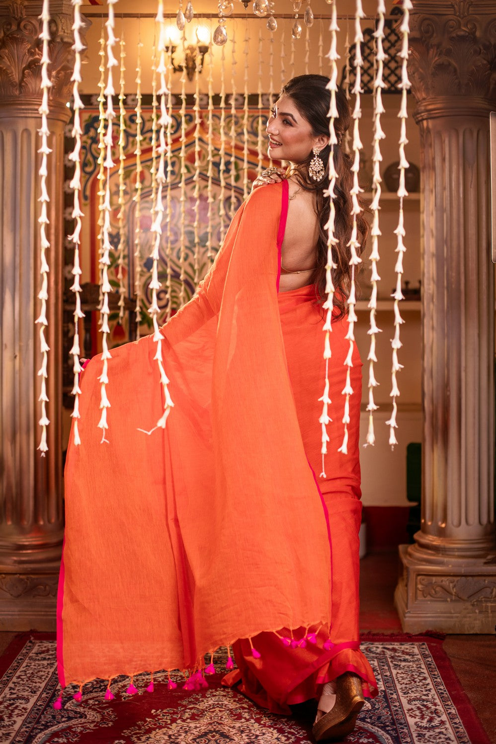 Very Much Indian Mastaani - Pure Mul Cotton Handloom Saree - Saphire Orange | Swadesiicart