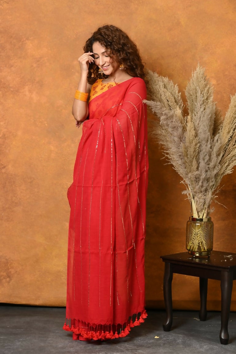 Very Much Indian Pure Mul Cotton Handloom Saree - Red | Swadesiicart