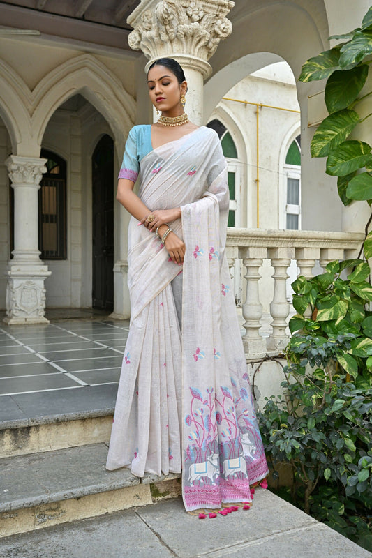 Vishnu Weaves Women's Pink Muga Cotton Saree with Blouse - Swadesiicart