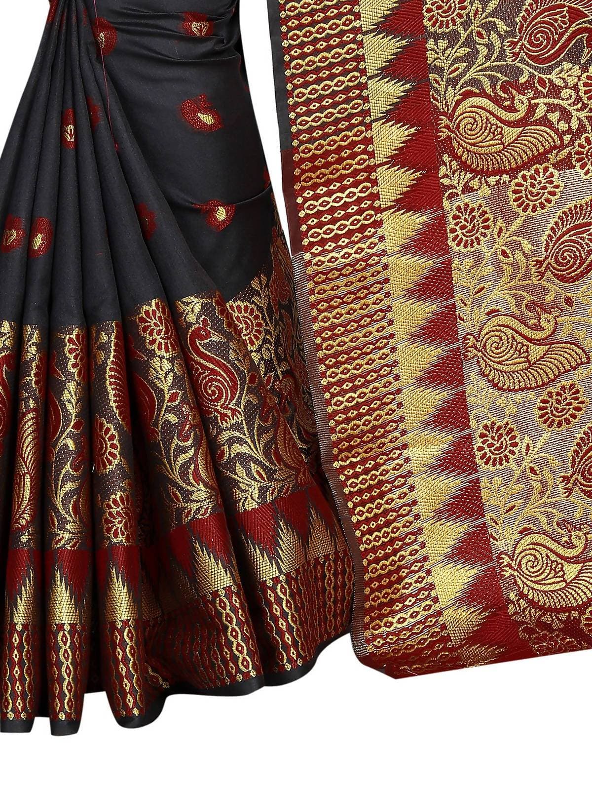 Vamika Banarasi Jaquard Black & Red Weaving Saree | Swadesiicart