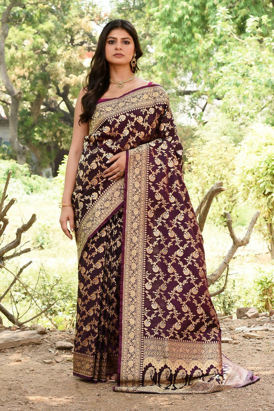 Joban Fashion Plum Purple Banarasi Soft Pure Handloom Banarasi Silk Saree | Swadesiicart