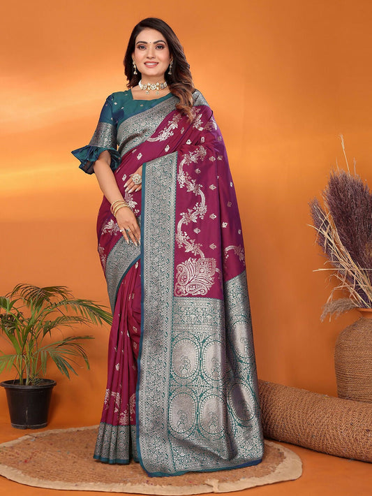 Joban Fashion Banarasi Purple Woven Soft Silk Saree | Swadesiicart