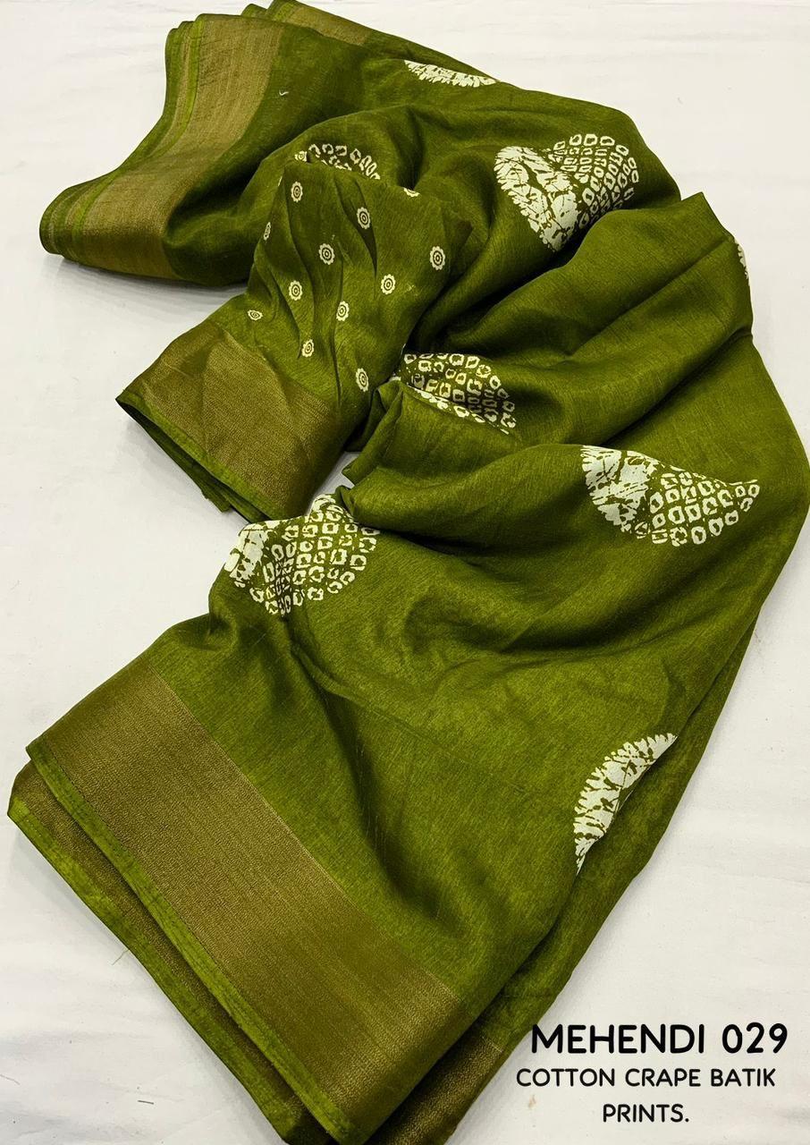 Mehndi Cotton Crepe Batik Print Saree with Unstitched Blouse - Hiral Fashion | Swadesiicart