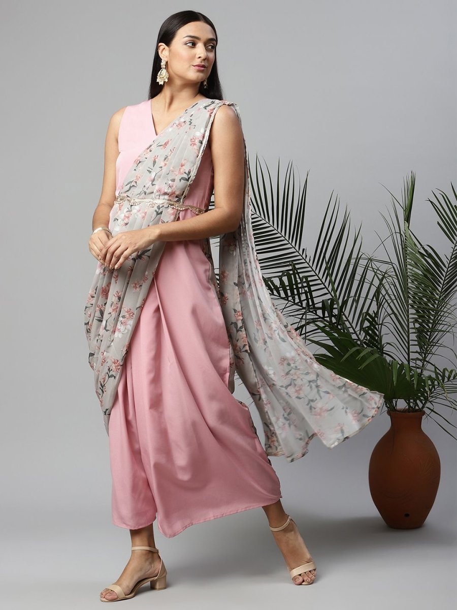 Ahalyaa Women Baby Pink Crepe Georgette Saree Dress With Printed Pallu | Swadesiicart