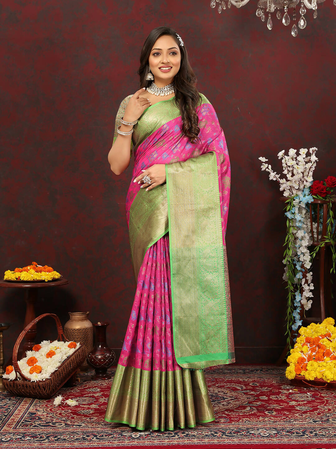 Lorenvalley Fashion Pink Cotton Woven Design Zari Meenakari Weaving Saree - Swadesiicart